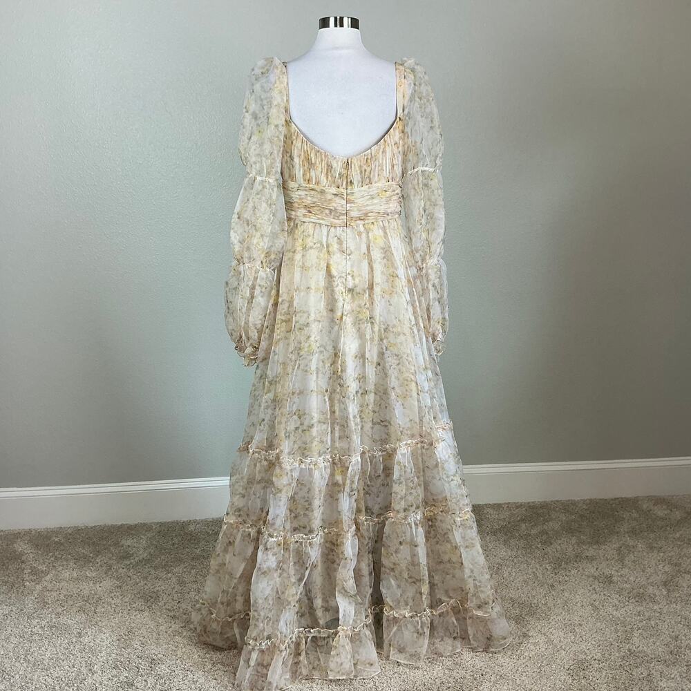 Mac Duggal 68288 Cream Evening Gown Floral Chiffon Long Sleeve Dress Size 10 - Picture 7 of 11